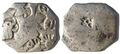 Silver punch-mark coin of the Maurya Empire, with symbols of a wheel and an elephant. 3rd century BC.