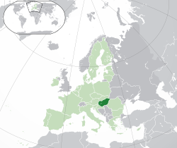 Location of&nbsp;Hungary&nbsp;(dark green) –&nbsp;in Europe&nbsp;(green &&nbsp;dark grey) –&nbsp;in the European Union&nbsp;(green)&nbsp; –&nbsp; [Legend]