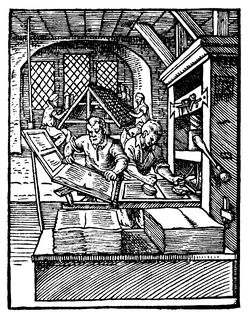 A woodcut from 1568 showing an old printing press